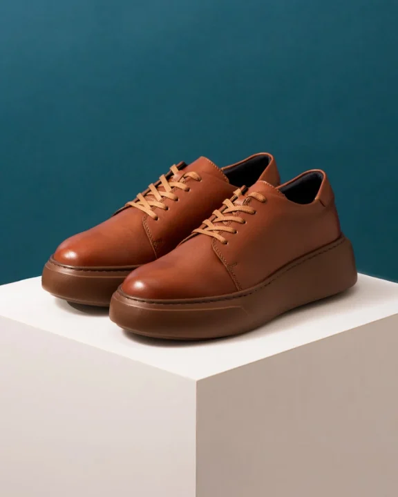 茶色の革製レースアップシューズ