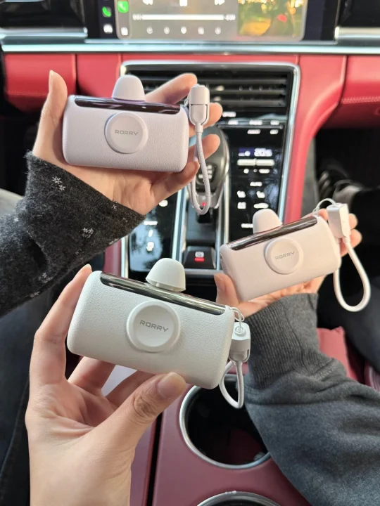 車内でモバイルバッテリーを持つ手