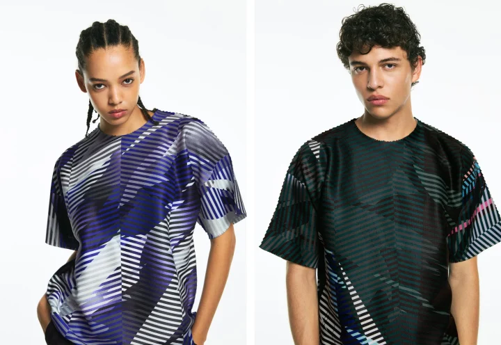 幾何学模様の半袖シャツを着用した男女モデル