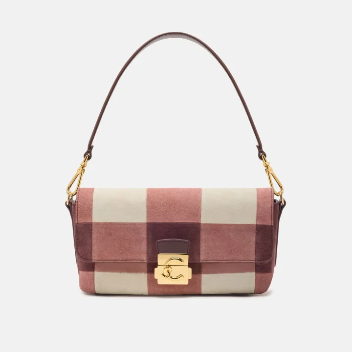ピンクベージュチェック柄ハンドバッグ