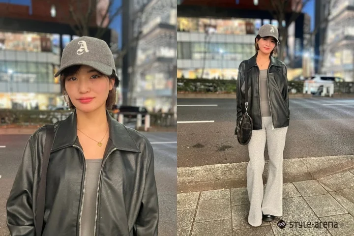 女性、ファッション、ストリートスタイル、レザージャケット、キャップ、フレアパンツ、グレー、黒、夜景、都市、カジュアル、短髪、ポートレート、秋冬ファッション