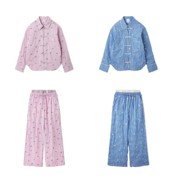 ピンクとブルーのストライプ柄パジャマセット