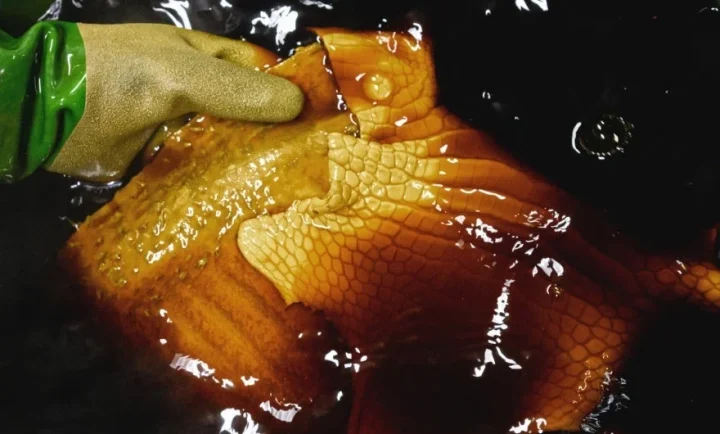 革を液体に浸す手