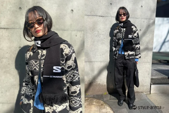 ストリートファッション、冬コーデ、柄物ジャケット、マフラー、サングラス、ショートヘア、黒パンツ、足袋シューズ、コンクリート壁、ファッション