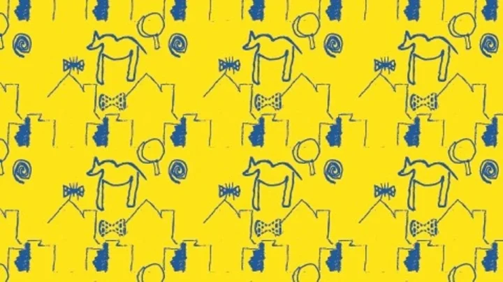 黄色い背景に青い線で描かれた、動物、家、蝶ネクタイなどのシンプルなイラストが繰り返されるパターン画像