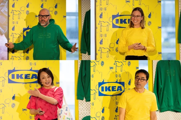 IKEAのロゴとパターンが施された黄色の背景の前で、4人の男女がそれぞれプレゼンテーションを行っている