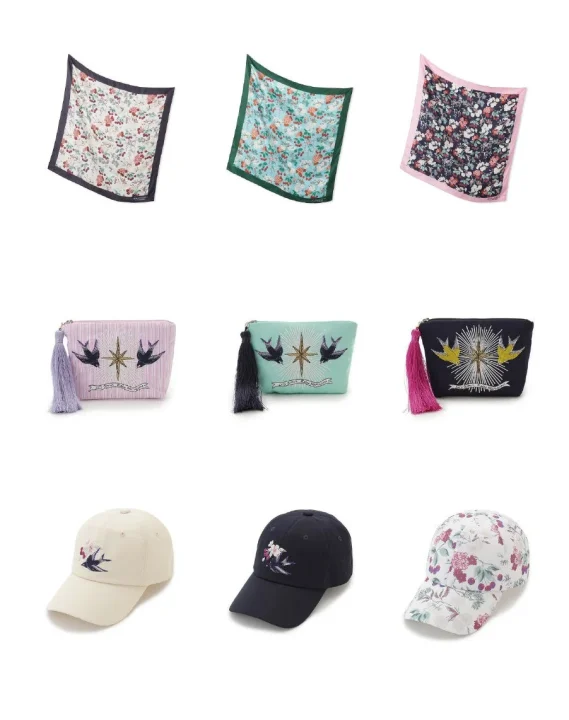 花柄のスカーフや刺繍ポーチ、キャップなどのファッション小物