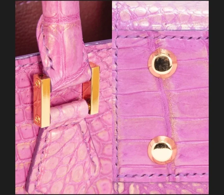 紫色のバッグの金具クローズアップ