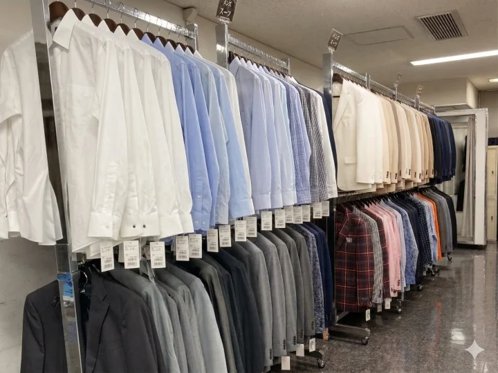 紳士服売り場に並べられたワイシャツとスーツ