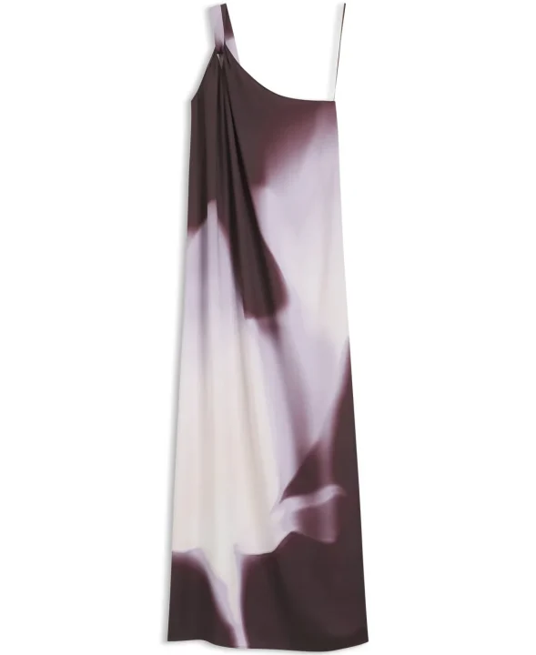 ブラウンとホワイトの抽象柄ワンショルダーマキシ丈ワンピース