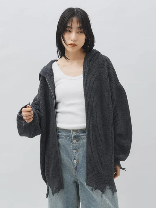 ダメージニットフーディー (CHARCOAL)