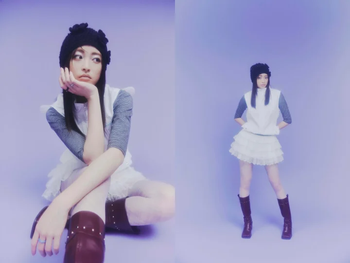 女性、ニット帽、スカート、ブーツ