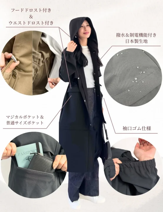 フードドロスト、ウエストドロスト、袖口ゴム、ポケットなどの機能紹介
