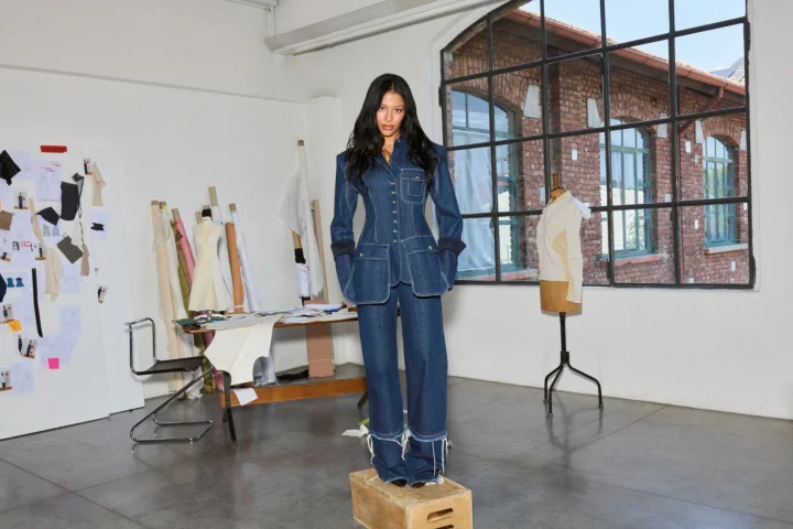 デニムのセットアップを着用した女性モデル