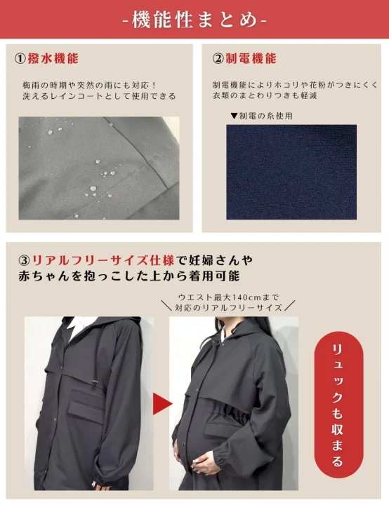 撥水・制電機能、リアルフリーサイズの説明