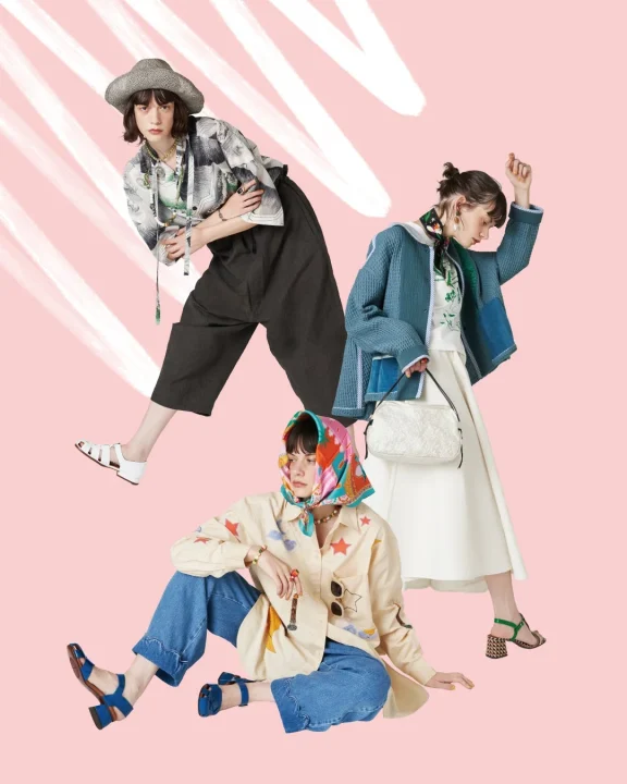 3人の女性がそれぞれ異なるファッションコーディネートを披露しています