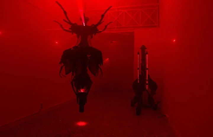 赤い照明に照らされたオブジェのインスタレーション