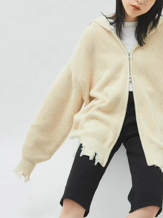 ダメージニットフーディー (IVORY)