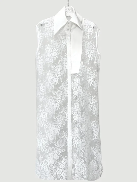 白い花柄レースのノースリーブロングドレス