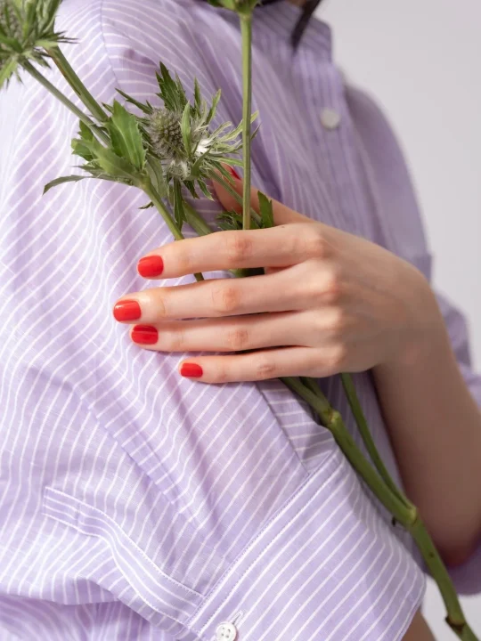 赤ネイルとストライプシャツ、植物