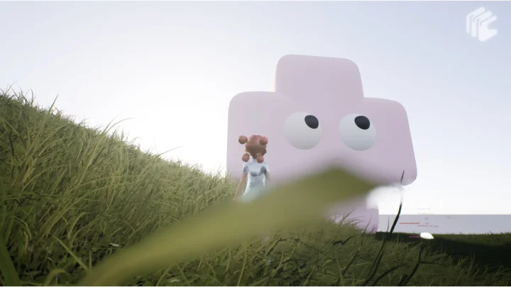 少女と巨大ピンクキャラクター