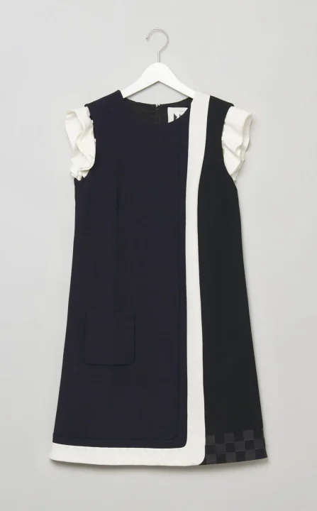 白いフリル袖と縦の白いラインが特徴的なネイビーのシフトドレス