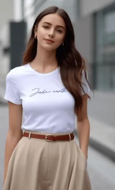 白いTシャツとベージュのワイドパンツを着用し、茶色のベルトを締めた若い女性が屋外でカメラ目線で立っています。長い茶色の髪とシンプルなイヤリングが特徴的な、カジュアルなファッションスタイルです。