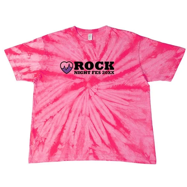 ピンクのタイダイ染めTシャツで、「ROCK NIGHT FES 20XX」という文字と心電図のようなハートのグラフィックがデザインされています。