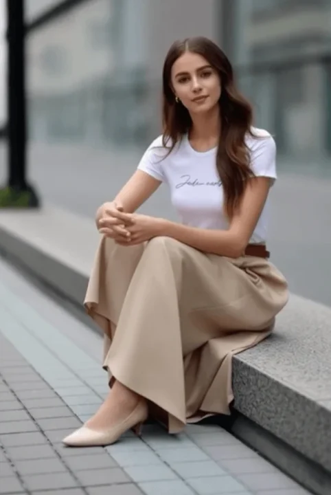 白いTシャツとベージュのロングスカートを着用した若い女性が、屋外の石の縁に座っているポートレート。穏やかな表情でカメラを見つめている。