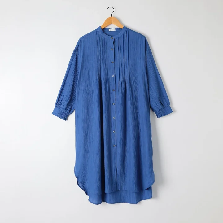 ピンタックシャツワンピース（アオ）