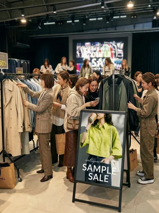 セール会場で商品を吟味する様子