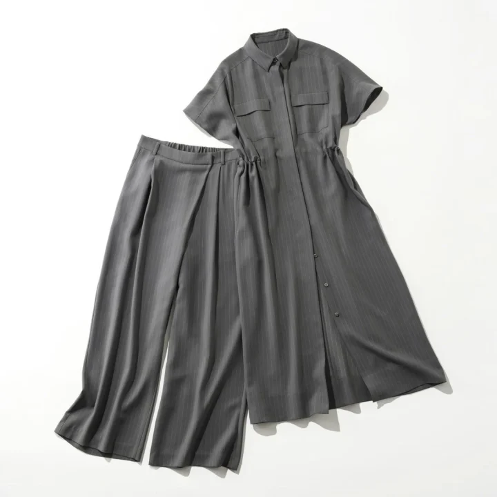 ロングシャツワンピース×スラントタックワイドパンツ