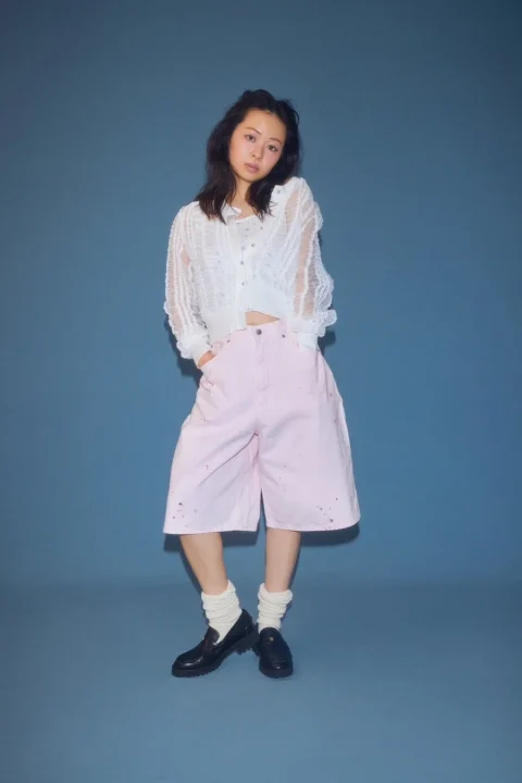 Leeコラボペイントデニムハーフパンツピンク