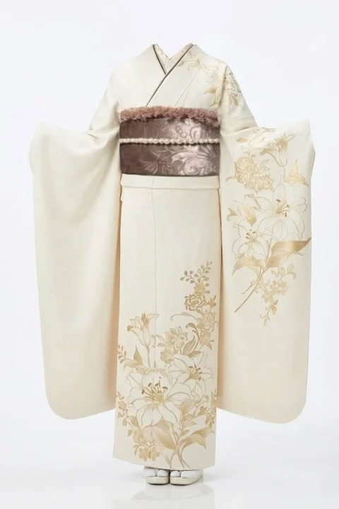 クリーム色の地に百合の花柄の振袖