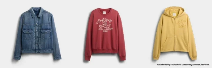 キース・ヘリングのアートが描かれたデニムジャケット、スウェットシャツ、ジップアップパーカー