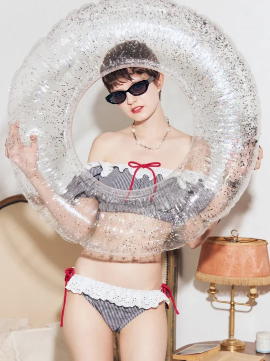 コットンレースフリルオフショルスイムウェア