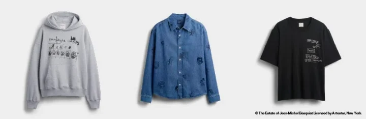 ジャン＝ミシェル・バスキアのアートワークがプリントされたパーカー、デニムシャツ、Tシャツ