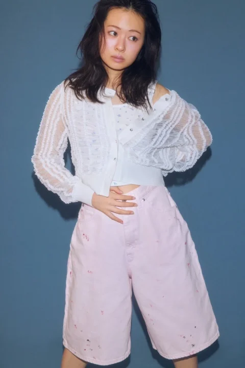 Leeコラボペイントデニムハーフパンツピンク別アングル