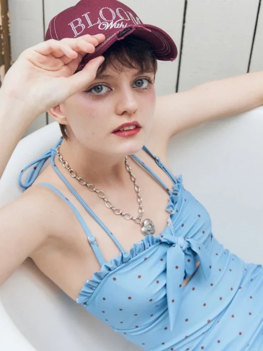 ドットフリルスカートレイヤードモノキニ ブルー