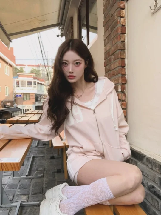 屋外のカフェテラスで座る若い女性