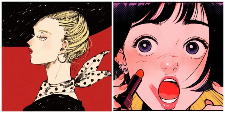 左右に異なるスタイルの女性のイラストが並ぶアート作品