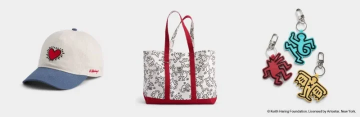 キース・ヘリングのアートがデザインされたキャップ、トートバッグ、キーホルダー