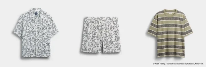 キース・ヘリングのアートワークがプリントされたシャツとショートパンツ、ボーダー柄Tシャツ