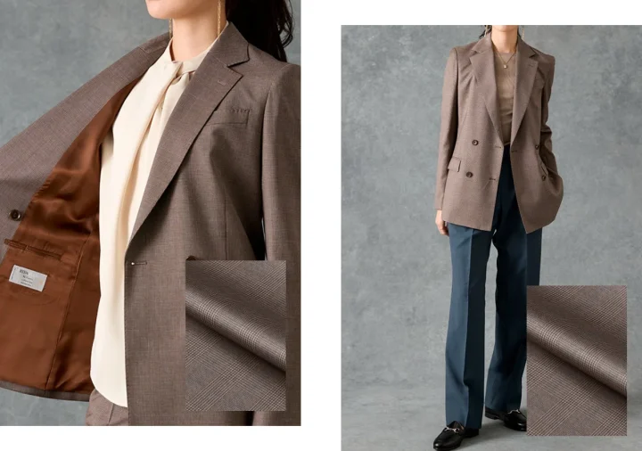 女性がブラウンのチェック柄ダブルブレストジャケットを着用している画像