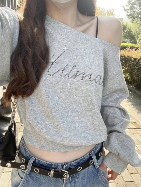非対称ネック レタープリント 長袖スウェットシャツ
