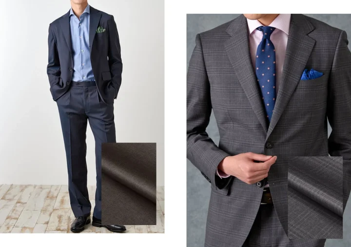 2人の男性がそれぞれ異なるデザインのスーツを着こなしている画像