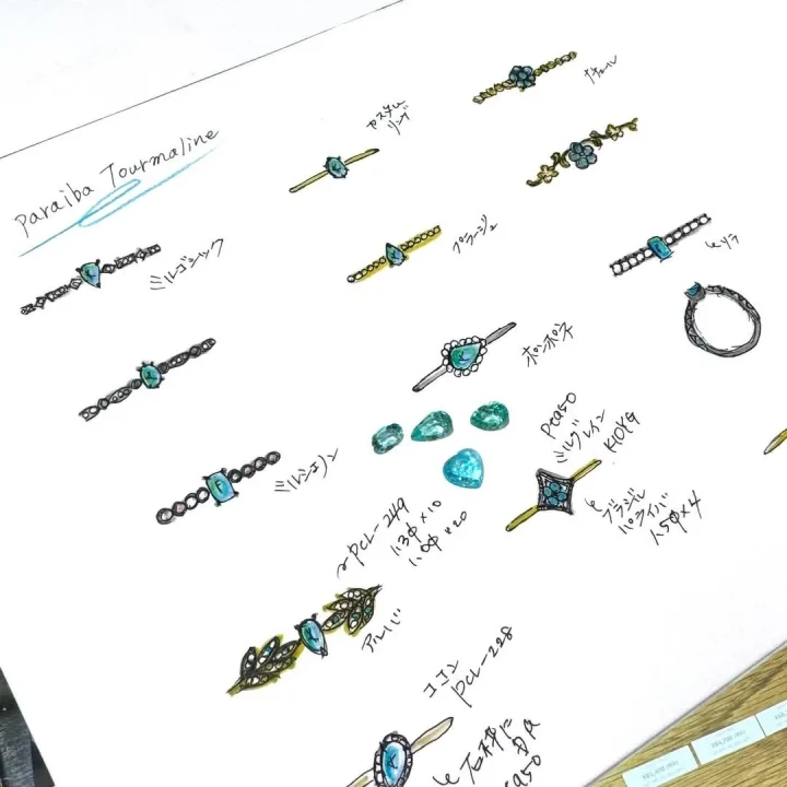 パライバトルマリンを使用したジュエリーデザインのスケッチ