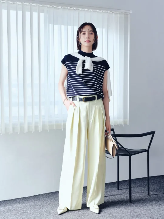 クールタッチ後ろゴム２タックワイドパンツのオン/オフスタイル1