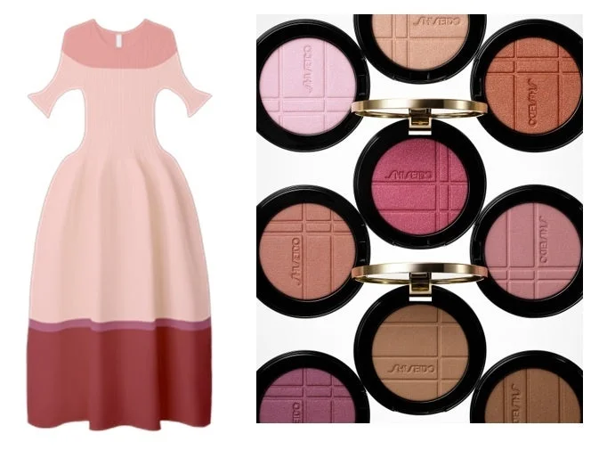 ピンクとダークピンクのツートンカラーのドレスと、様々な色合いの資生堂のパウダーコンパクト