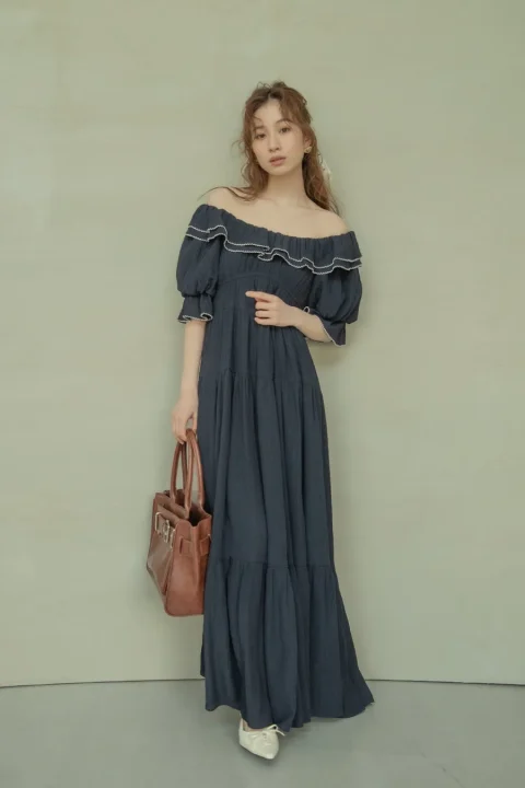 ネイビーオフショルダーロングワンピース
